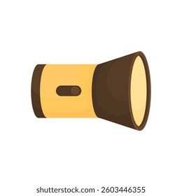 Big powerful flashlight in cartoon style on white background isolated. Hand flashlight in yellow color. Light source