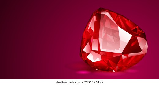 A big precious red crystal like an ruby with highlights and shadow on a color background. Faceted gemstone