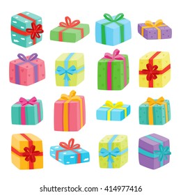 Big presents collection. Vector illustration of cartoon cute color gifts isolated on white background. Christmas, birthday, anniversary or Valentine`s day gifts boxes. 