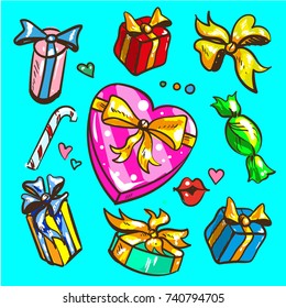 Big presents collection. Vector illustration of cartoon cute color gifts isolated on white background.