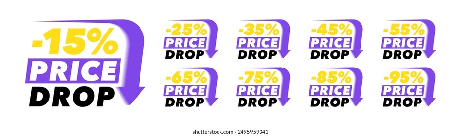 Big price drop label design. Set of sale tags with different percent off discount. Super sale tags from 15 to 95 percent off. Special offer, big sale, price drop. Vector illustration.