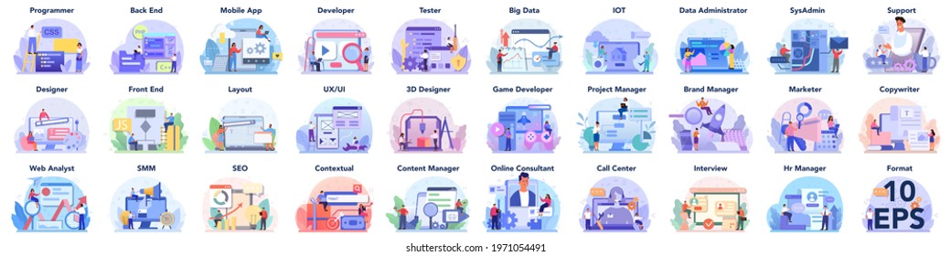 Big IT profession set. Programmer write software and create code for computer. Coding script for project and app. Digital technology for website, interface and devices. Vector illustration.