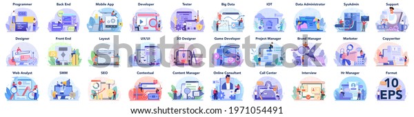 Big\
IT profession set. Programmer write software and create code for\
computer. Coding script for project and app. Digital technology for\
website, interface and devices. Vector\
illustration.