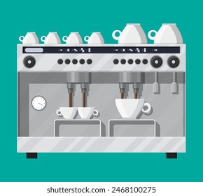 Big professional coffee machine for restaurants bars pubs. Coffee maker with cups. Vector illustration in flat style