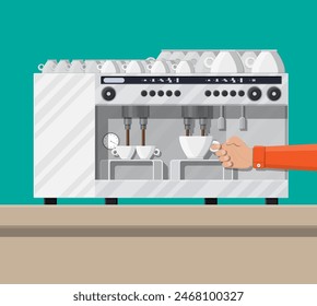 Big professional coffee machine for restaurants bars pubs. Coffee maker with cups. Vector illustration in flat style