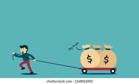 Big Profit Illustration. Vector illustration of a man pulling a trolley full of money.