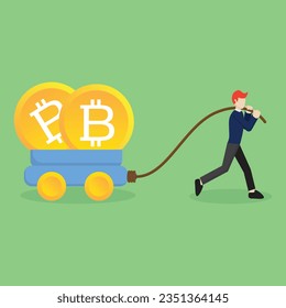 Big Profit Illustration. Vector illustration of a man pulling a trolley full of bitcoin. Free Vector