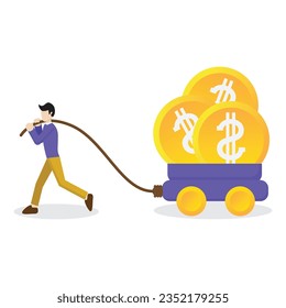 Big Profit Illustration. Vector illustration of a man pulling a trolley full of money. Free Vector. Isolated white background.