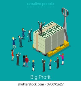 Big profit, snatch. Flat 3d isometry isometric business success concept web vector illustration. Micro businessmen big dollar money bundle pallet. Creative people collection.