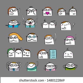 Big programmers coding set hand drawn vector illustrations on grey background