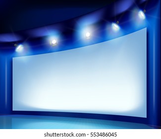 Big projection screen on the stage. Vector illustration.