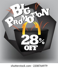 BIG PROMO BANNER 28 PERCENT DISCOUNT WITH BAG AND GRAY BACKGROUND