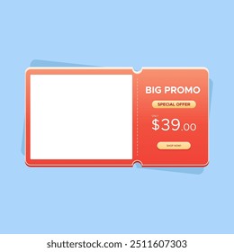 Modelo de faixa promocional de cupom de oferta especial grande promoção. Design vetorial para promoção de produtos, comércio eletrônico, promoção de compras, venda on-line, oferta especial, programa de marketing, promoção, mídias sociais