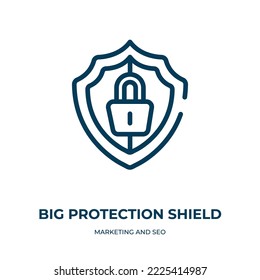 Big protection shield icon. Linear vector illustration from marketing and seo collection. Outline big protection shield icon vector. Thin line symbol for use on web and mobile apps, logo, print media.