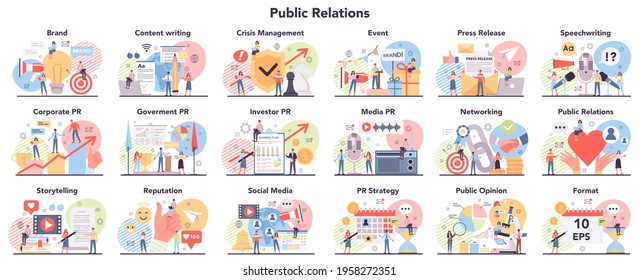 Big public relations. PR technologies collection. Brand advertising strategy,