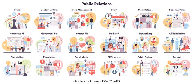 Big public relations set. PR technologies collection. Brand advertising strategy,