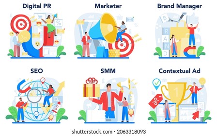 Grandes relaciones públicas. Colección de tecnologías de relaciones públicas. Estrategia publicitaria de marca, relaciones con la construcción de clientes. Mantenimiento de la reputación de la marca. Ilustración vectorial plana