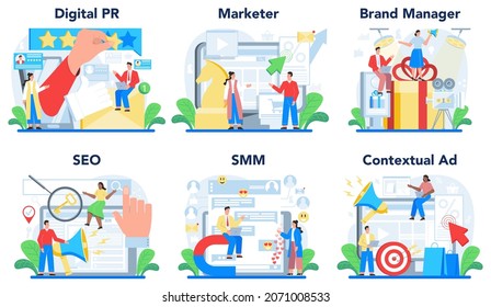 Grandes relaciones públicas. Colección de tecnologías de relaciones públicas. Estrategia publicitaria de marca, relaciones con la construcción de clientes. Mantenimiento de la reputación de la marca. Ilustración vectorial plana