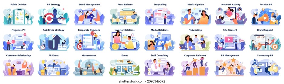 Big public relations set. PR technologies collection. Brand advertising, building arelationships with customer, government and investors. Maintenance of the brand reputation. Flat vector illustration