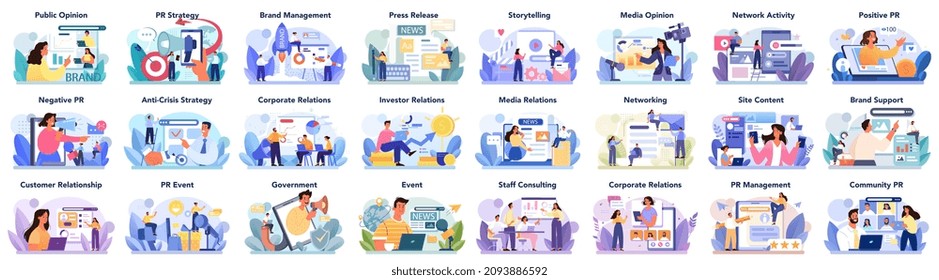 Big public relations set. PR technologies collection. Brand advertising, building arelationships with customer, government and investors. Maintenance of the brand reputation. Flat vector illustration