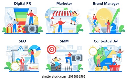 Big public relations set. PR technologies collection. Brand advertising strategy, relationships with customer building. Maintenance of the brand reputation. Flat vector illustration