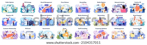 Big public relations set. PR technologies\
collection. Brand advertising, building arelationships with\
customer, government and investors. Maintenance of the brand\
reputation. Flat vector\
illustration