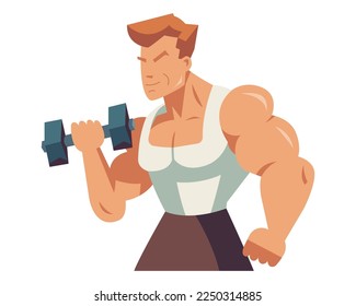 a big pumped-up man lifts dumbbells. classes in a sports club. pumping muscles. flat vector illustration.