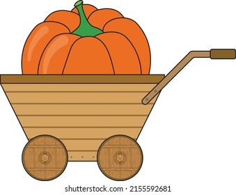 Big pumpkin in a cart. Drawing for illustration. Vegetables.