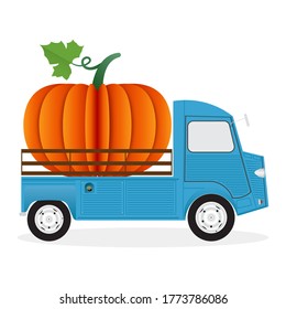 Big pumpkin on retro pickup truck isolated on background, Halloween concept illustration vector