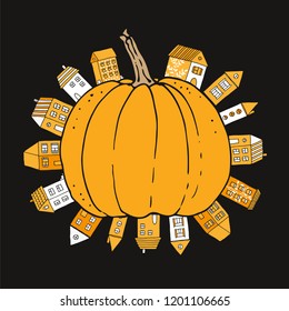 Big pumpkin with tiny houses, hand drawn halloween card