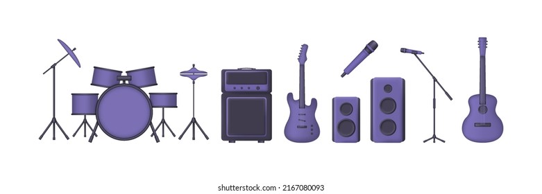 Big purple 3d set of musical instruments isolated on white background. Acoustic and electric guitar, amplifyer, drum kit, sound speakers and microphones. Vector illustration