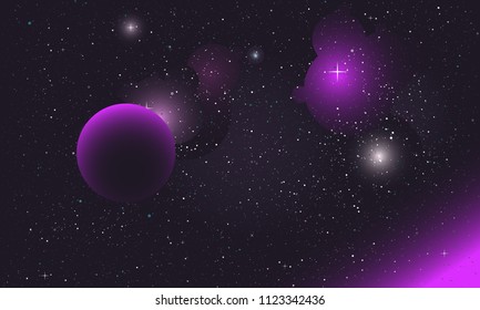 A big purple gas giant planet moves quietly in space with stars on deep dark space background