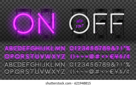 Big purple neon set glowing alphabet with numbers and punctuation marks. Vector On, Off lamp isolated on transparent background.