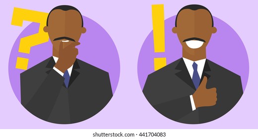 "Big question" and "best solution" concept signs. Flat cartoon style. Thinking, doubtful black man. Satisfied, sure businessman. "Good idea", "don't know" expressions. Vector illustrations