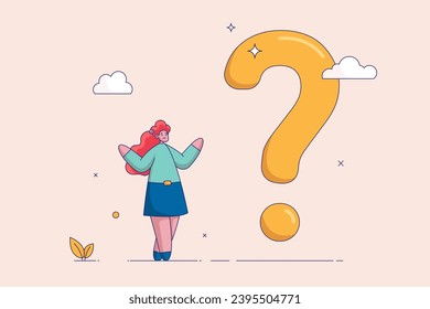 Big question mark concept. Big problem to solve or finding solution, doubt or uncertainty, thinking to make decision, difficult question, businesswoman thinking while looking at big question mark.