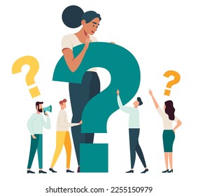 Big question mark is held in the hands of a girl or woman. problem solving question search for answer, big punctuation with people around, research and search. Vector character illustration flat