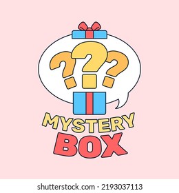 Big question mark inside the gift box for mystery box social media poster promotion vector flat illustration