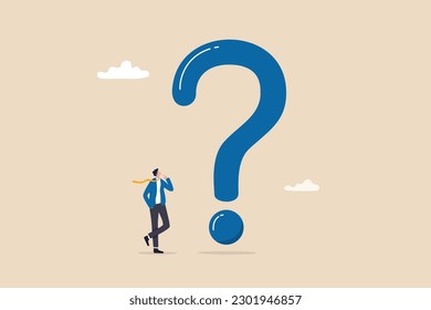 Big question mark or big problem to solve or finding solution, doubt or uncertainty, thinking to make decision, difficult question concept, businessman thinking while looking at big question mark.