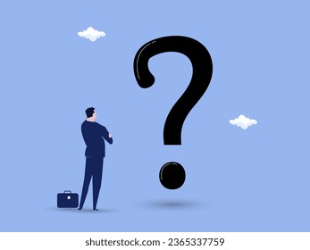 Big question mark or big problem to solve or finding solution, doubt or uncertainty, thinking to make decision, difficult question concept, businessman thinking while looking at big question mark.