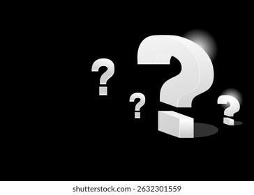 Big question mark for website development ui banner. White big question mark symbol that shining with black background. Frequently ask questions FAQ page