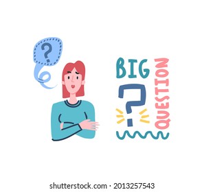 Big question. A simple cartoon illustration. The girl asks a question. A difficult problem. Misunderstanding