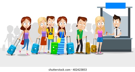 Big queue of different people in airport
