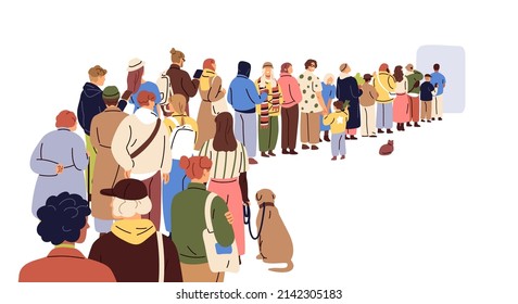 Big queue. Many, multitude people waiting in long line, back view. Crowd of tourists, refugees, men, women, children queuing. Migration concept. Flat vector illustration isolated on white background