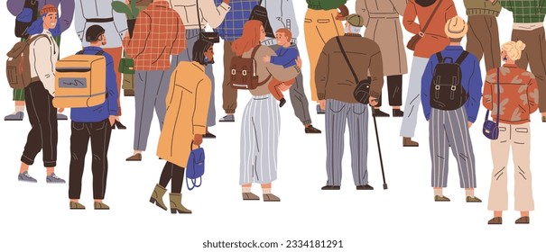 Big queue. Many multitude people. Vector illustration. The crowd queuing for movie premiere braved cold weather with excitement The queue snaked around block, capturing attention passersby People