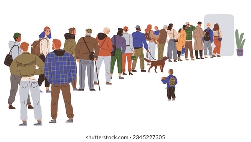 Big queue. Many multitude people. Vector illustration. The crowd was orderly, with everyone queuing in organized manner As queue moved forward, crowd people shuffled along People in queue chatted