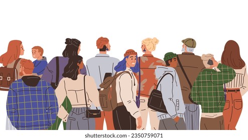 Big queue. Many multitude people. Vector illustration. The crowd queuing for grand opening eagerly anticipated doors opening People waiting in long line found ways to pass time, such as reading