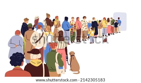 Big queue. Many, multitude people waiting in long line, back view. Crowd of tourists, refugees, men, women, children queuing. Migration concept. Flat vector illustration isolated on white background