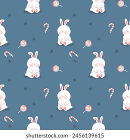 Big rabbit cartoon so cute. On candy cane lollipop heart background. Pattern seamless vector illustration. 