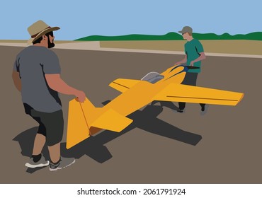 A big Radio control aircraft carried by two people. Handmade radio control jet engine hobbies ready to fly
