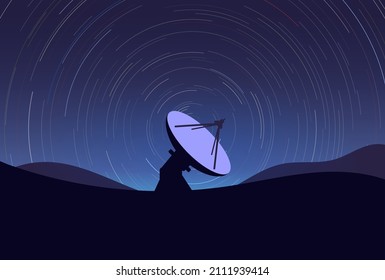 Big Radio Telescope On A Hills, With Night Starry Sky And Time Lapse Star Trails From Earth Moving. Concentric Circles From Stars. Radio Astronomy An Interferometer Antenna. Science Space Radar.